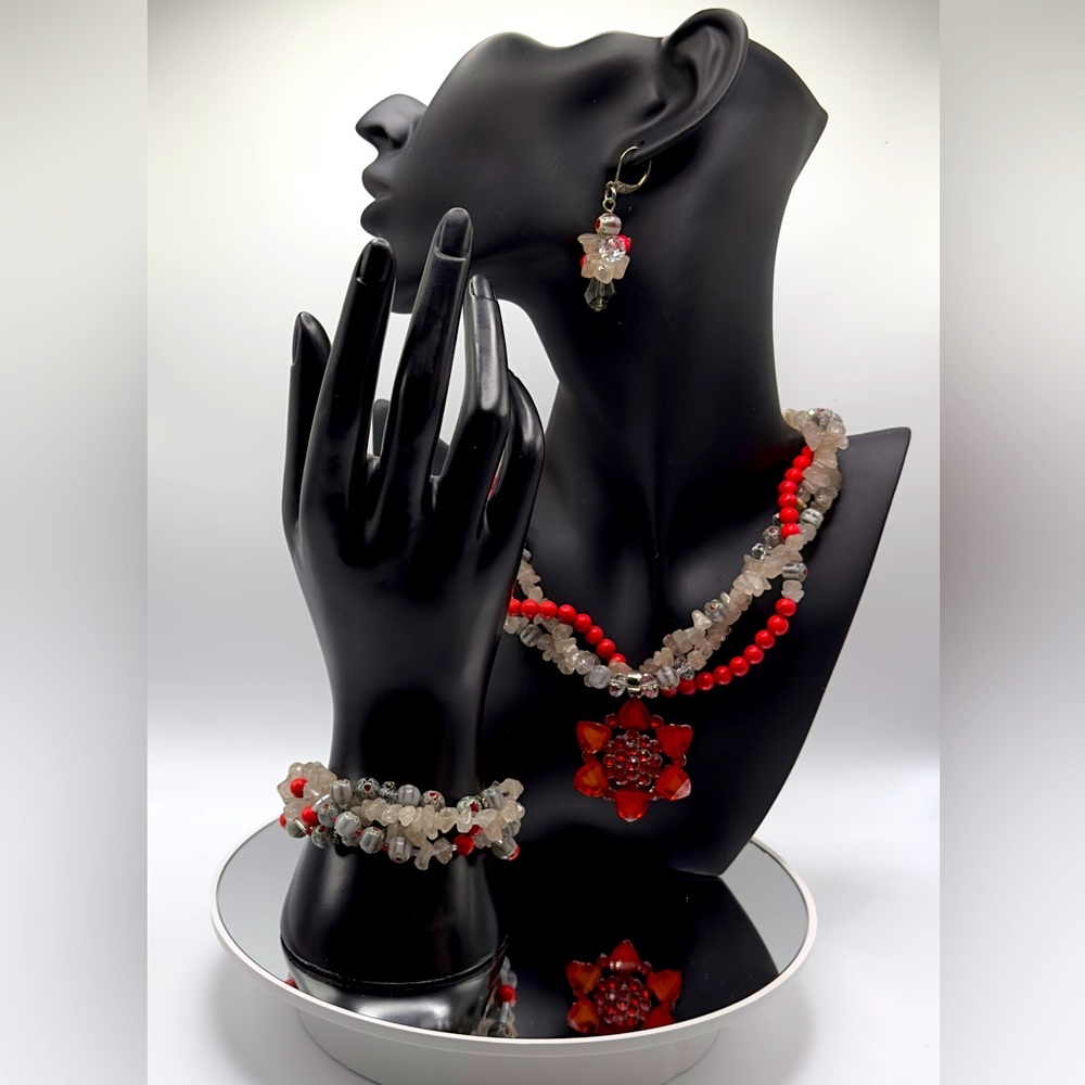 *RARE* Handmade Crystal Beaded Orange Grey Necklace Bracelet Earring Set